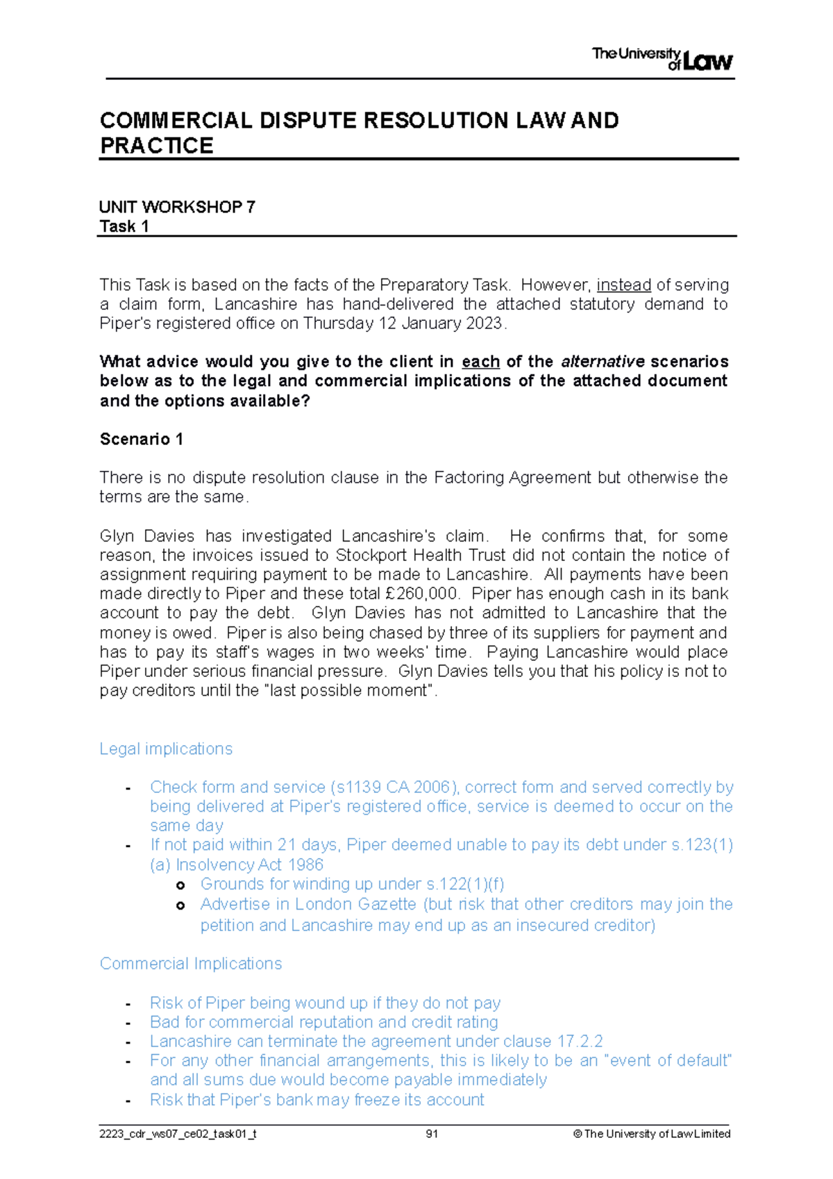 WS 7 - CDR Task 1: Legal Advice on Statutory Demand Scenarios - Studocu