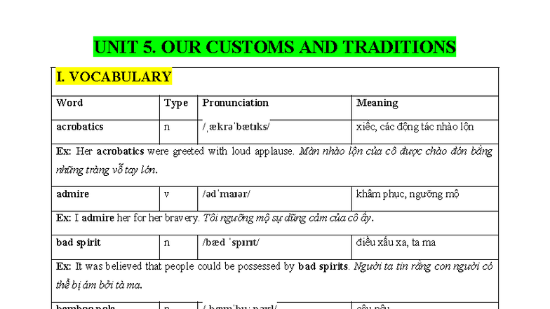 TA8 Unit 5: Customs and Traditions Vocabulary and Grammar Exercises ...