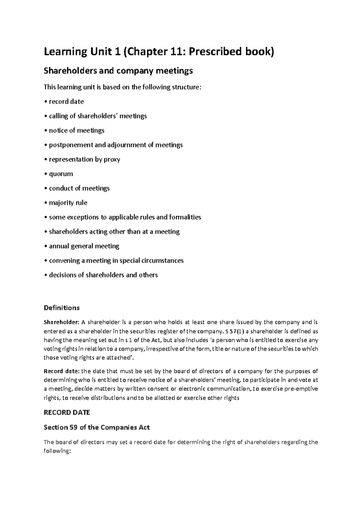 Learning Unit 1 (Chapter 11): Shareholders & Company Meetings Notes ...