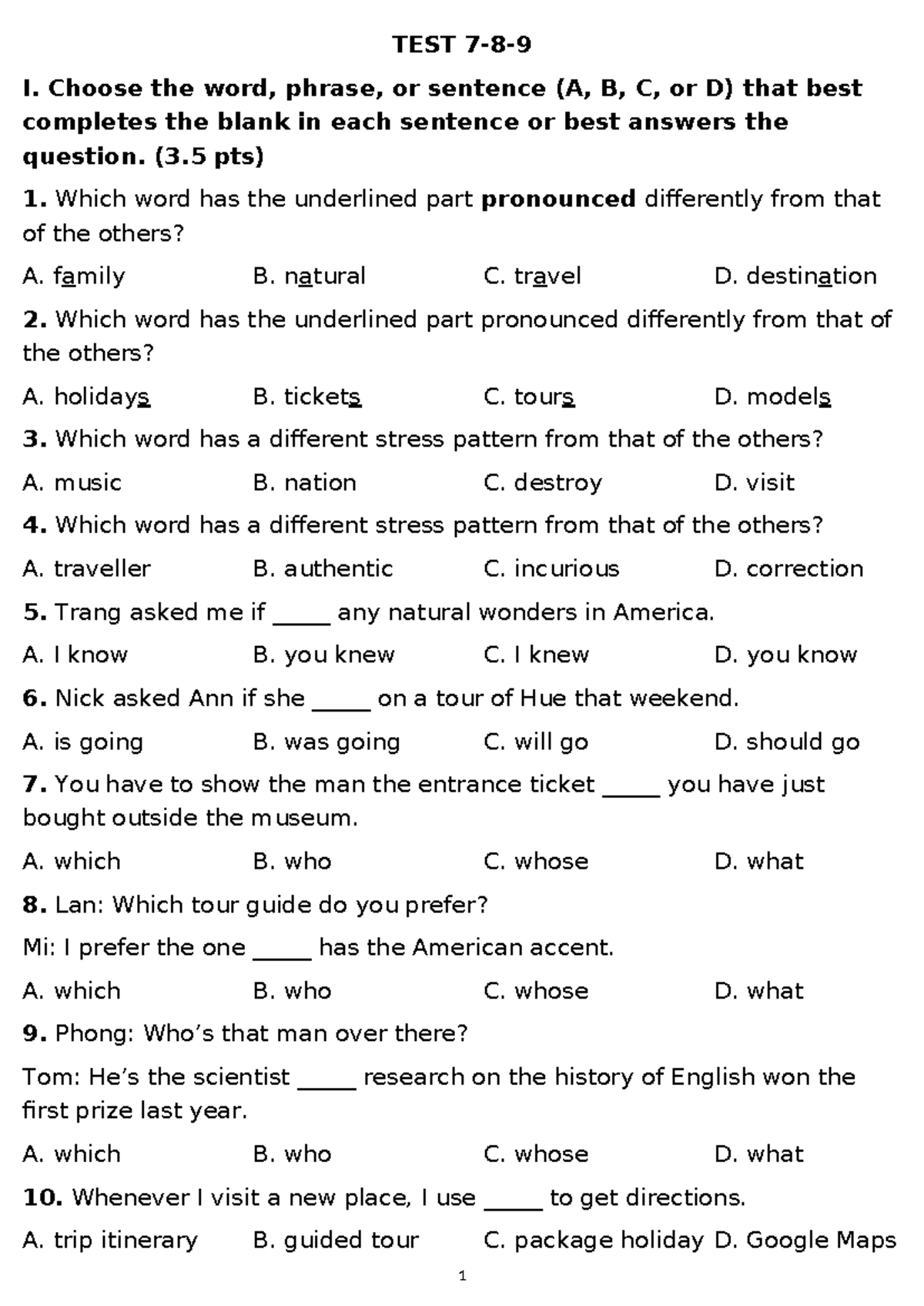 Workbook TEST Yourself 3 - UNIT 7, 8, 9 Practice Questions - Studocu