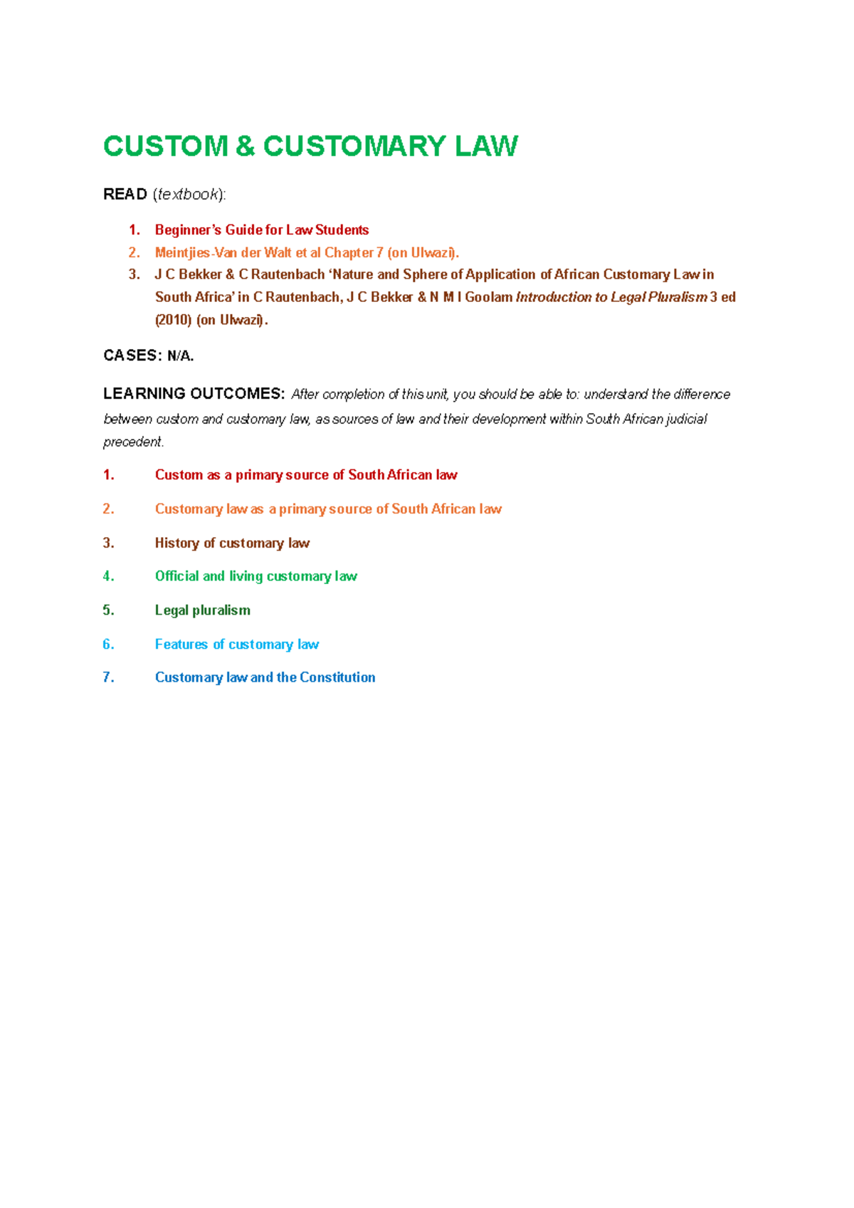 Custom and Customary Law Notes (LAW 101) - Studocu