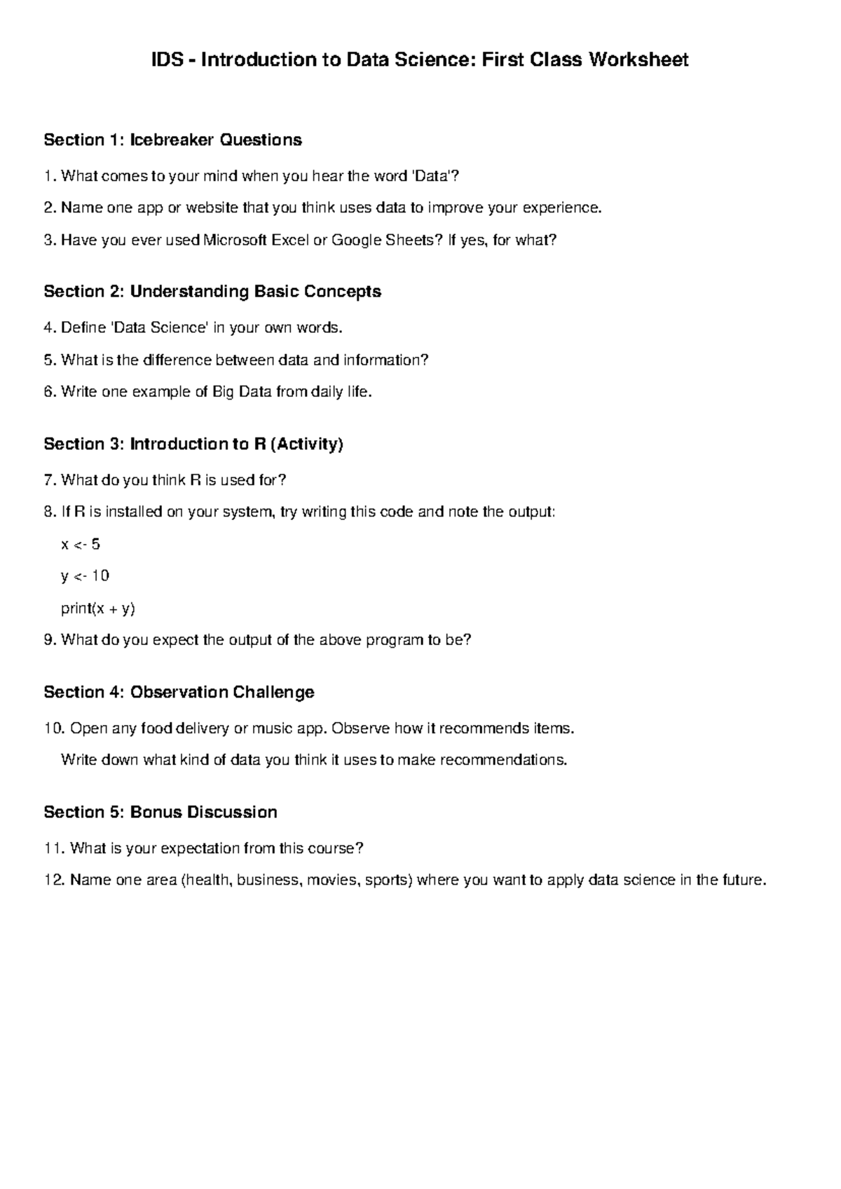 IDS 101: First Class Starter Worksheet for Data Science - Studocu