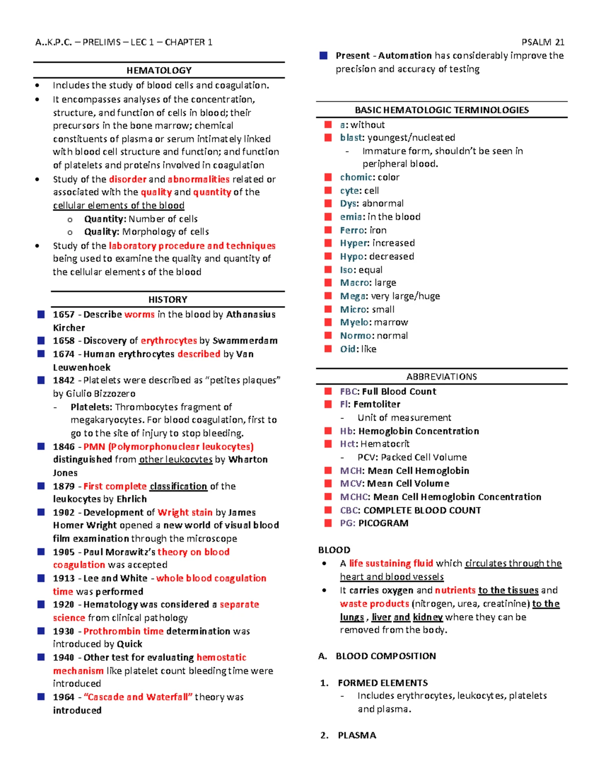 Intro to Hematology - HEM 101 Lecture Notes on Blood Disorders - Studocu