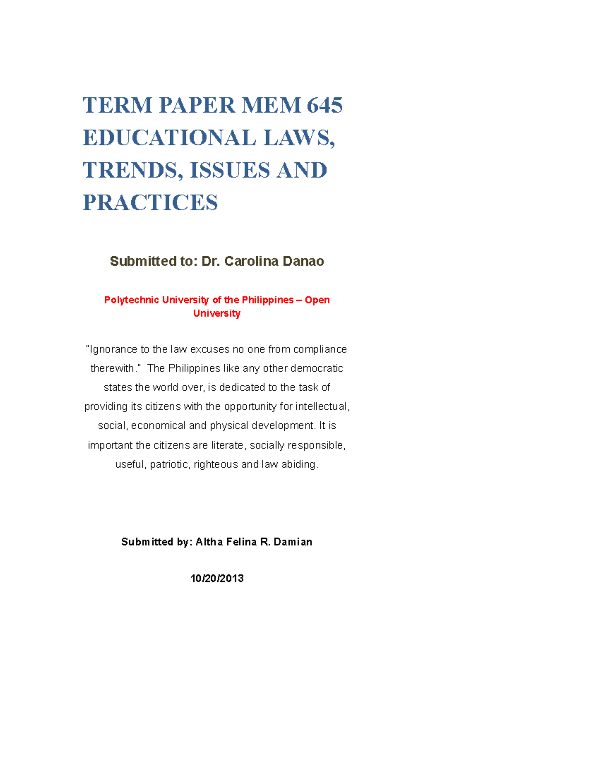 Legal Bases OF Education IN Philippines - TERM PAPER MEM 645 ...