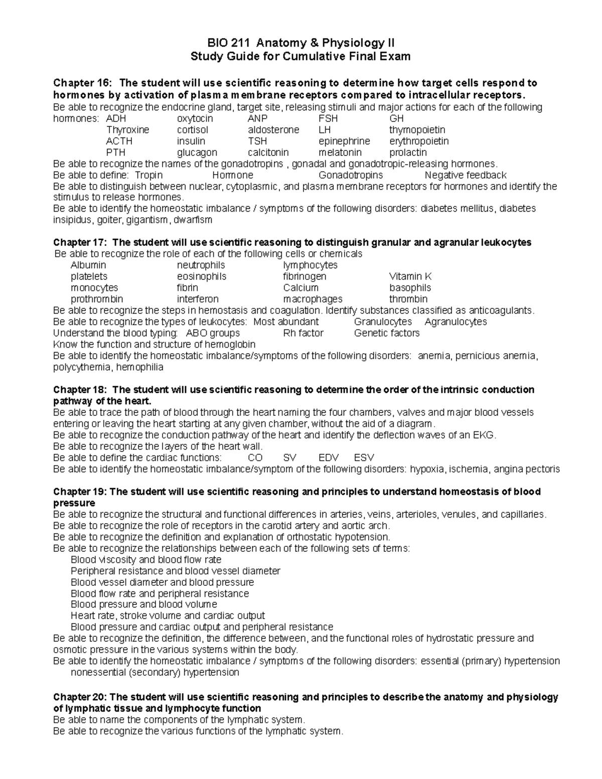 BIO 211 Final Exam Study Guide: Key Concepts in Anatomy & Physiology II ...