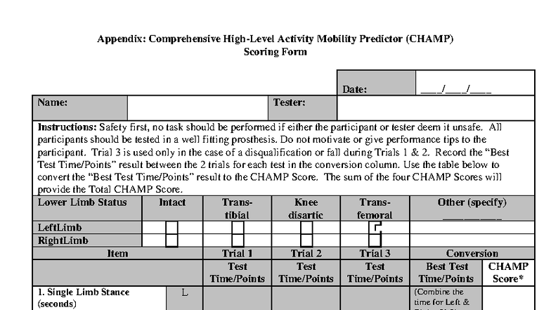 CHAMP Testing Protocol: Comprehensive Activity Mobility Predictor - Studocu