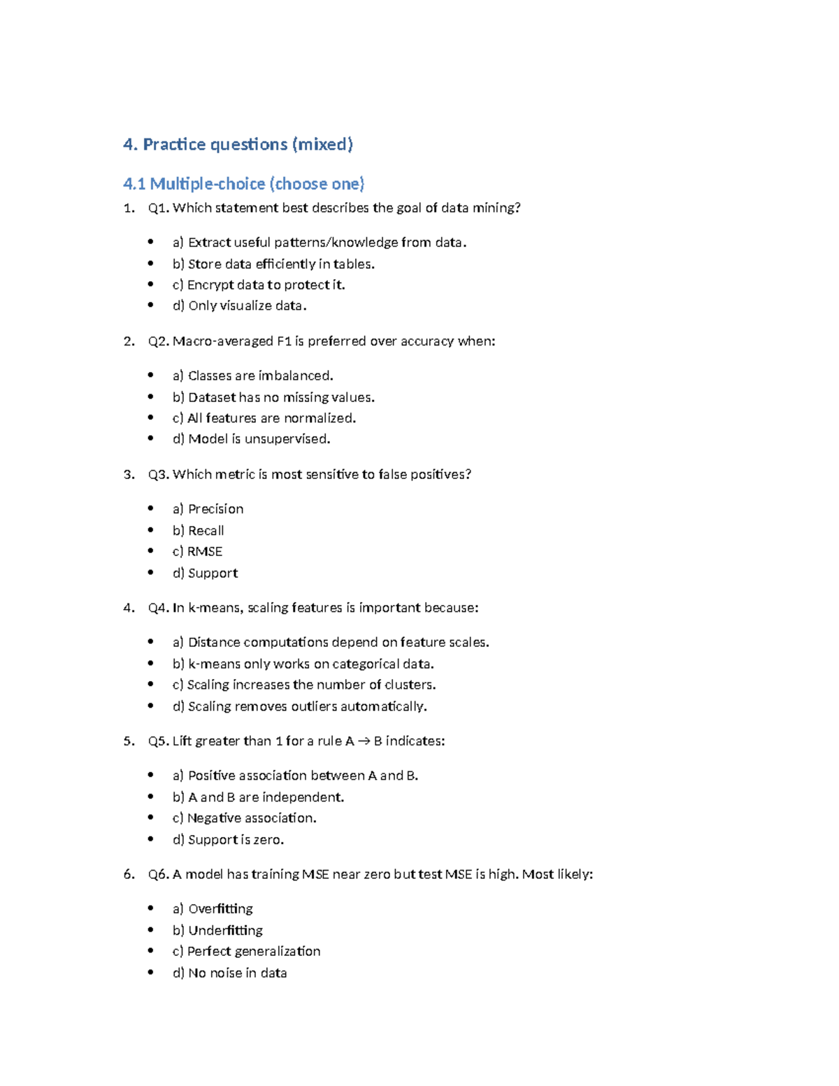 DM 4.1 Practice Questions & Answers on Data Mining Concepts - Studocu