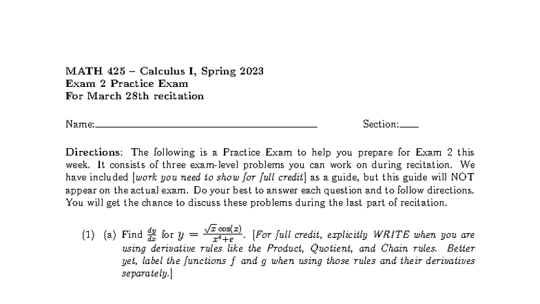 MATH 425 Calculus I SP23 Exam 2 Practice Questions - Studocu