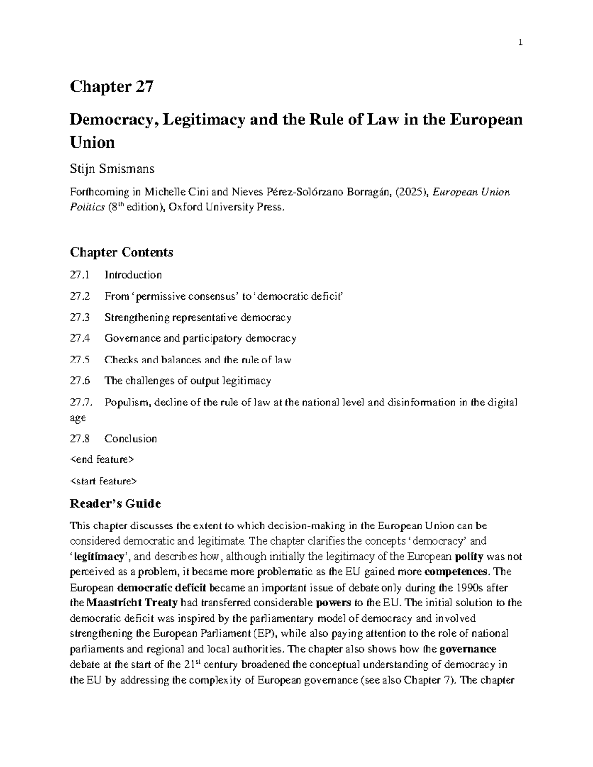 Democracy, Legitimacy, and the Rule of Law in the EU (Course Code: 1 ...