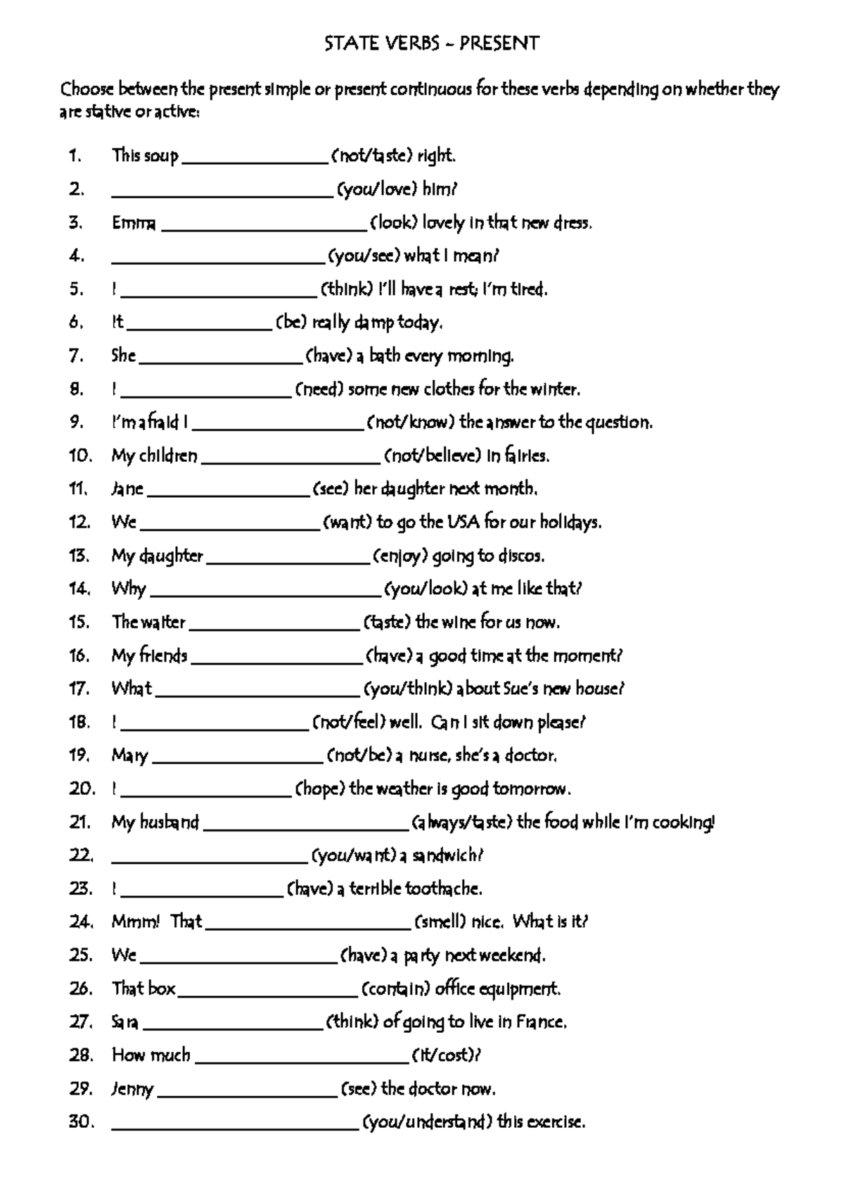 State verbs or Action verbs - Students - STATE VERBS - PRESENT Choose ...