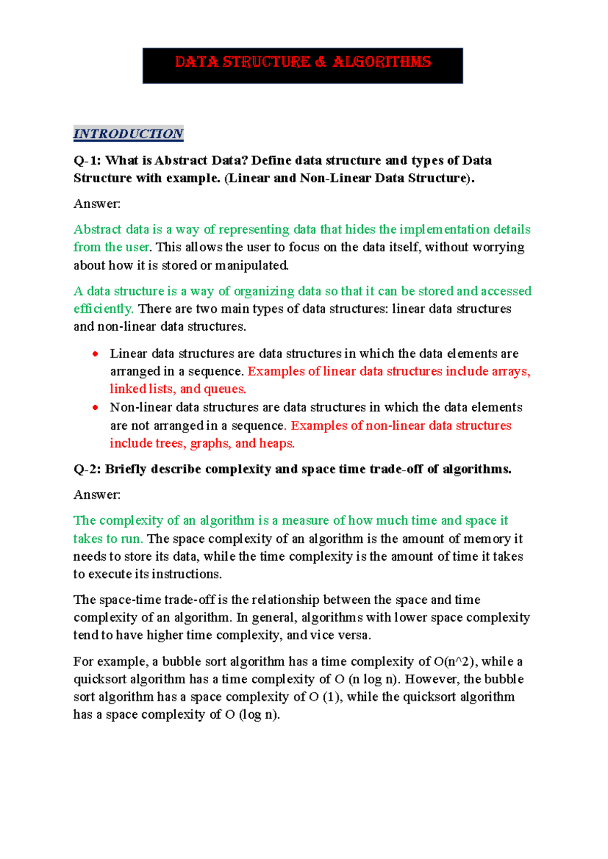 DATA STRUCTURE & ALGORITHMS FINAL EXAM NOTES - Studocu