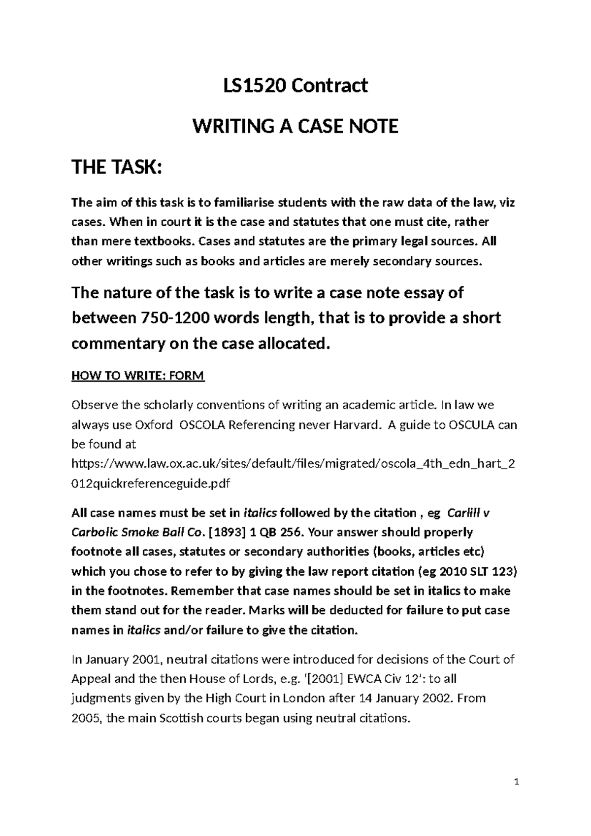 LS1520 Contract Writing: Case Note Guidance & Essay Plan - Studocu