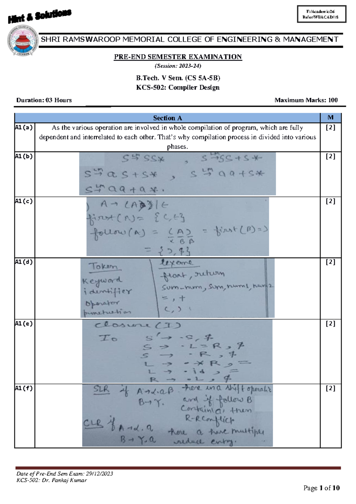 B.Tech V Sem (CS) Compiler Design Exam Solutions and Notes - Studocu