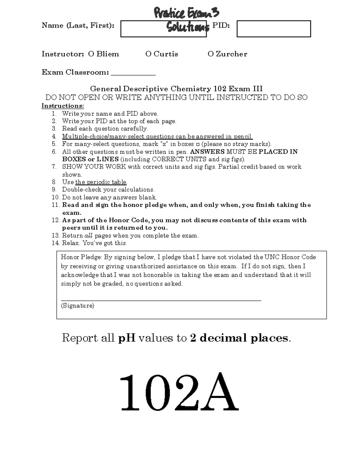 Chemistry 102 Final Exam 3 Instructions and Key - Studocu