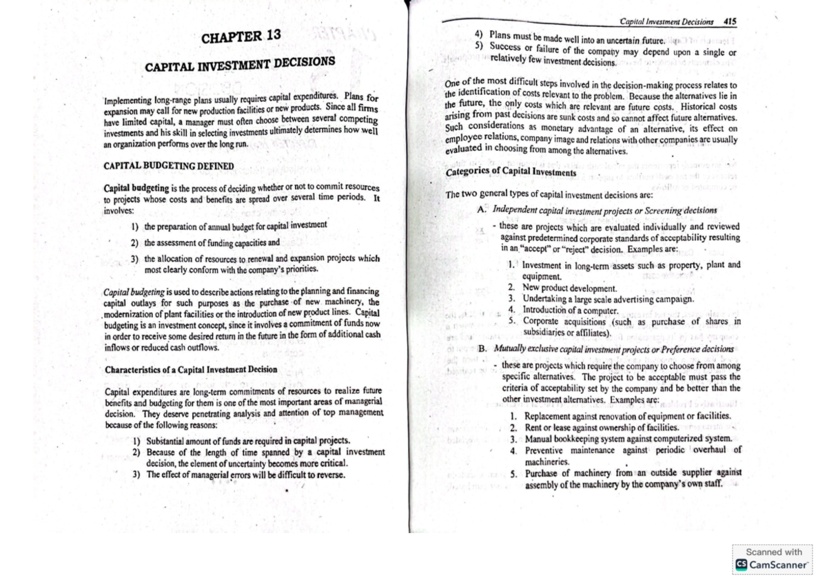 Chapter 13 - Capital Investment Decisions (SCM) Analysis and Insights ...