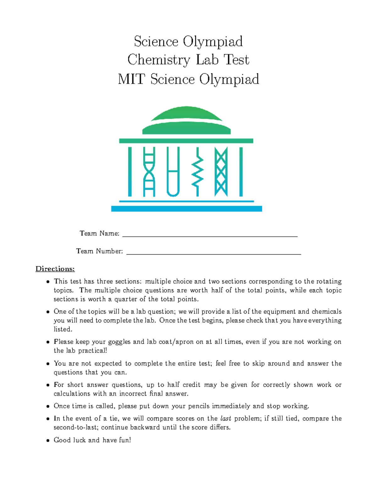 Chem Lab Exam - MIT Science Olympiad Chemistry Lab Test - Studocu