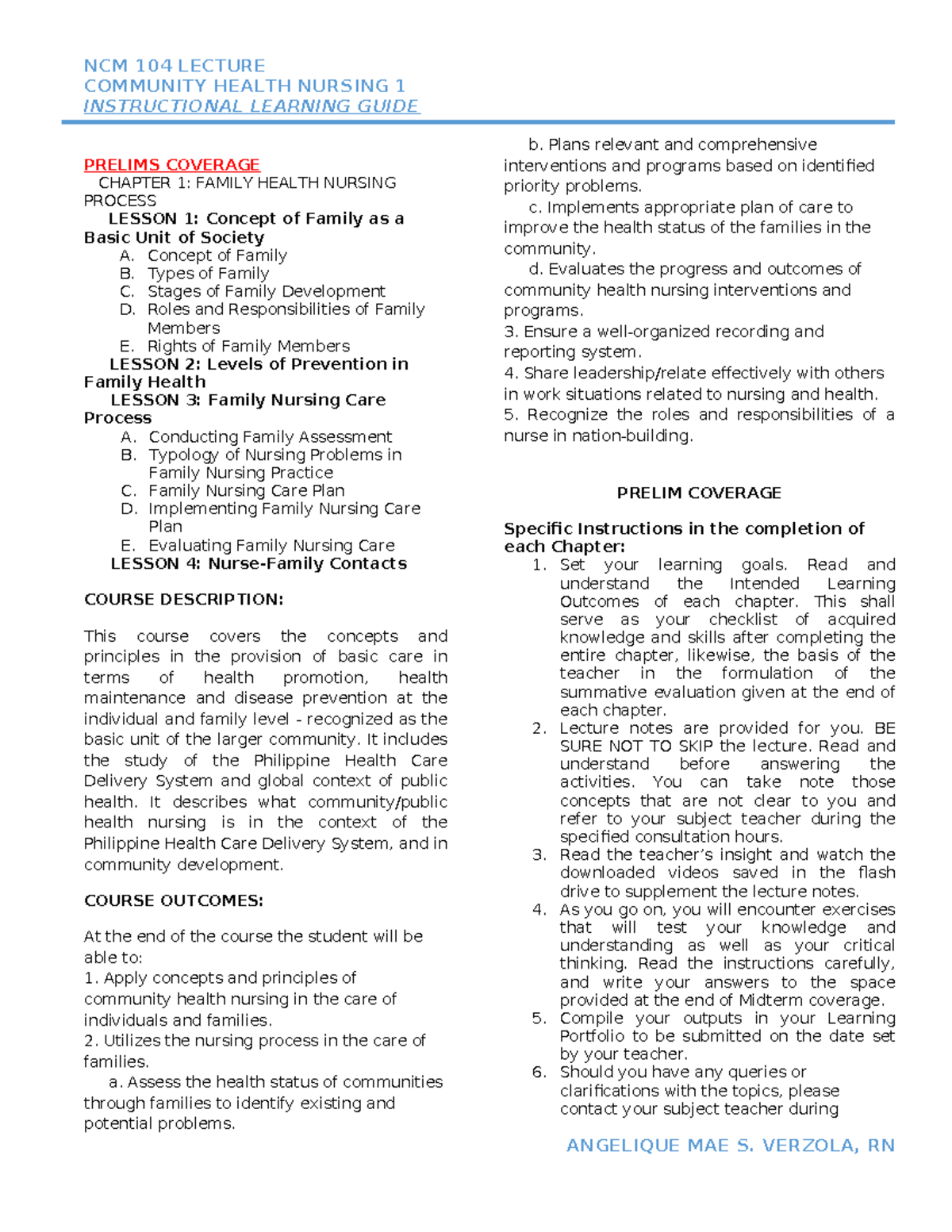 NCM 104 PRELIMS LECTURE GUIDE: FAMILY HEALTH NURSING PROCESS - Studocu