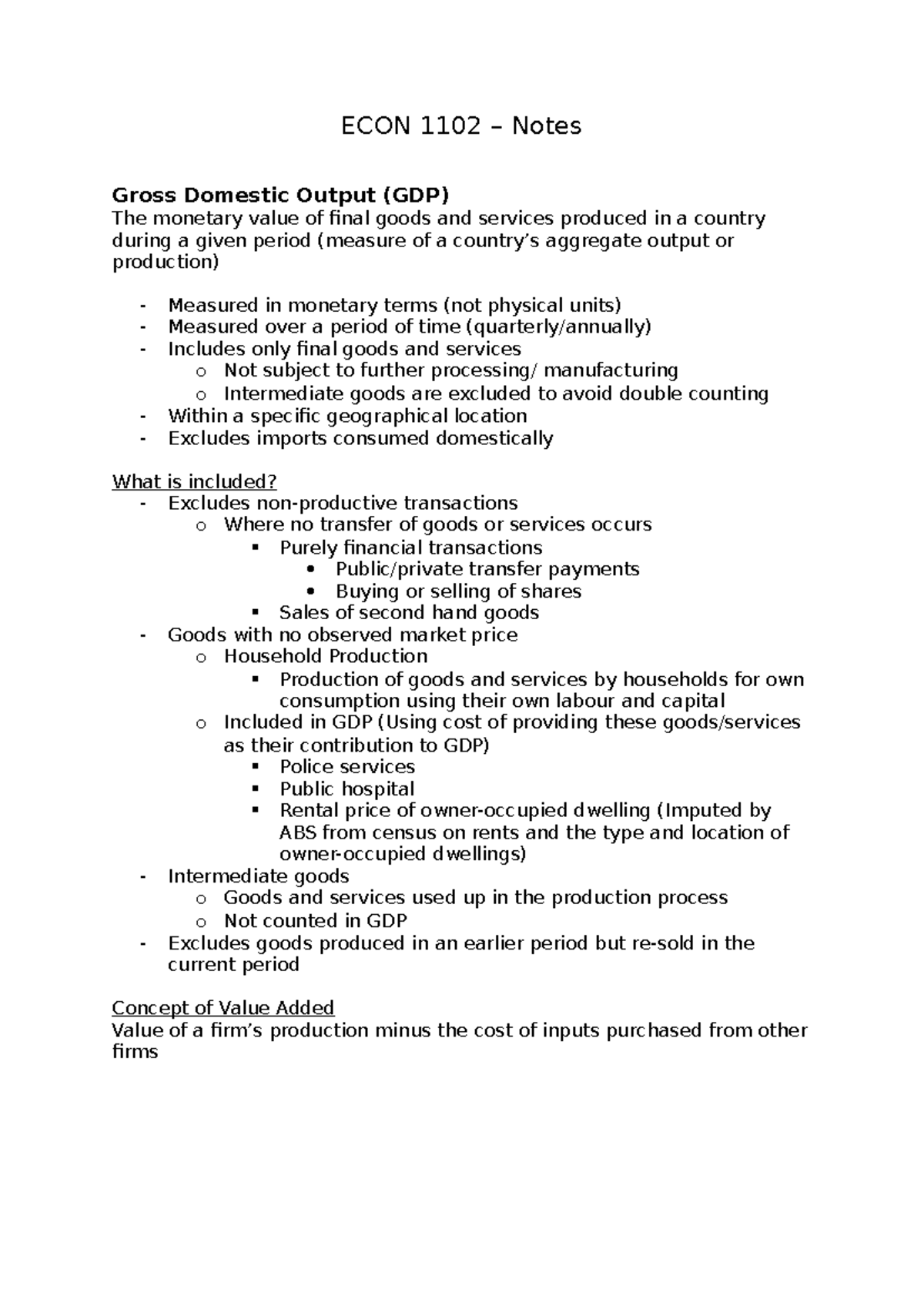 ECON 1102 Final Exam Notes on GDP and Economic Output - Studocu