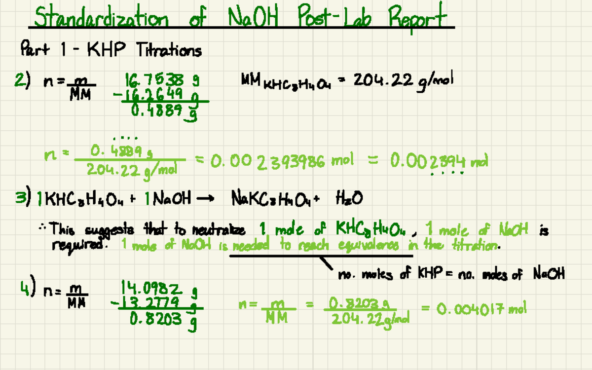 Chem 1040 Workbook - work for standardization of NaOh wet Lab ...