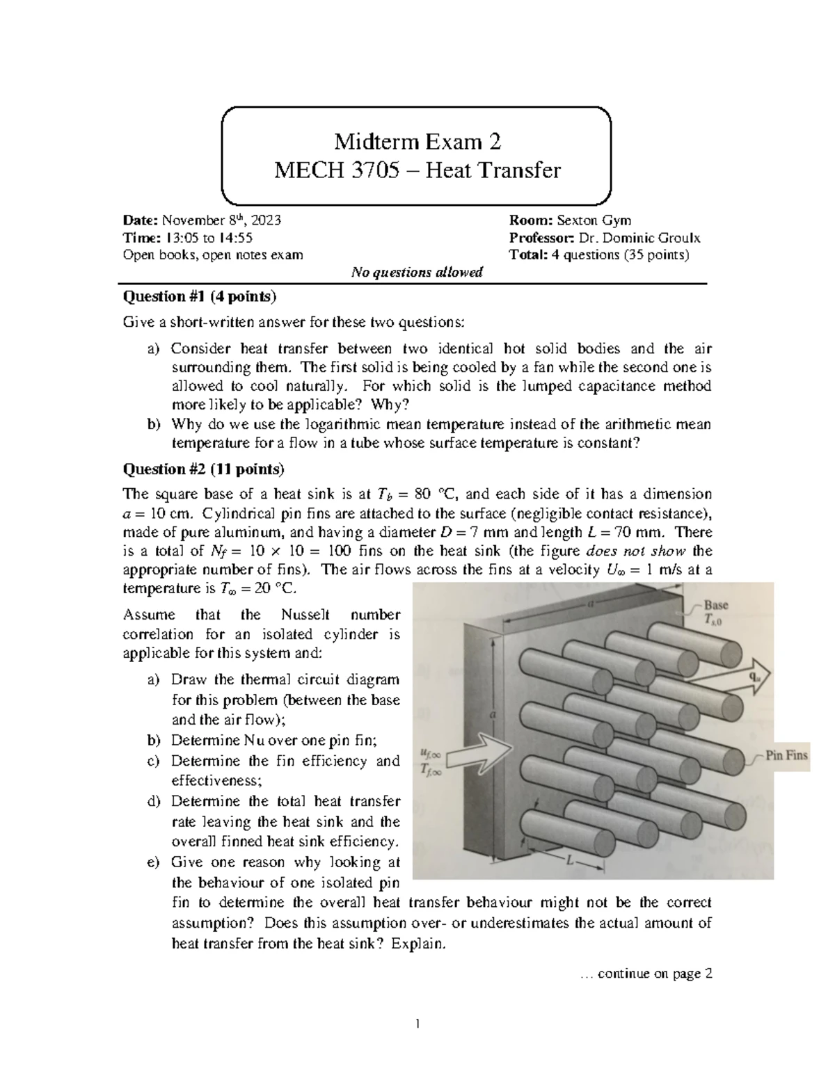 Heat Transfer Final Exam 2015 - 1 Final exam MECH 3705 – Heat Transfer ...