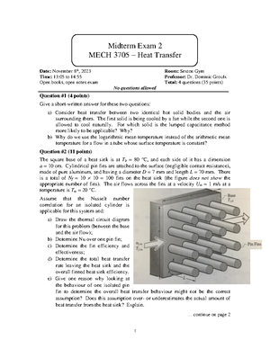 Heat Transfer Final Exam 2017 - 1 Final exam MECH 3705 – Heat Transfer ...