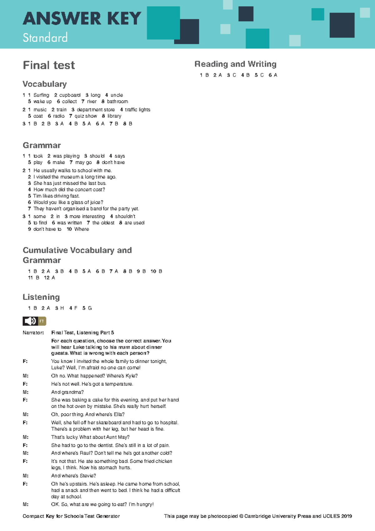 KFS-FT-S Final Test Answer Key for Key for Schools - KET - Studocu