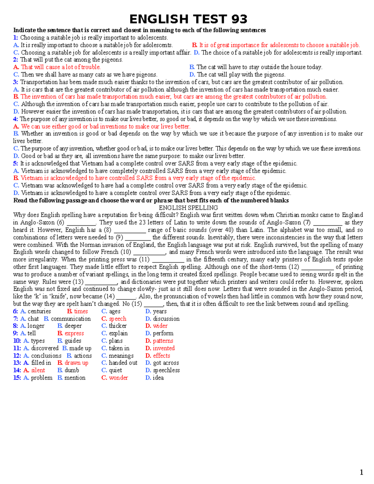 ENGLISH TEST 93: Sentence Correction and Comprehension Questions - Studocu