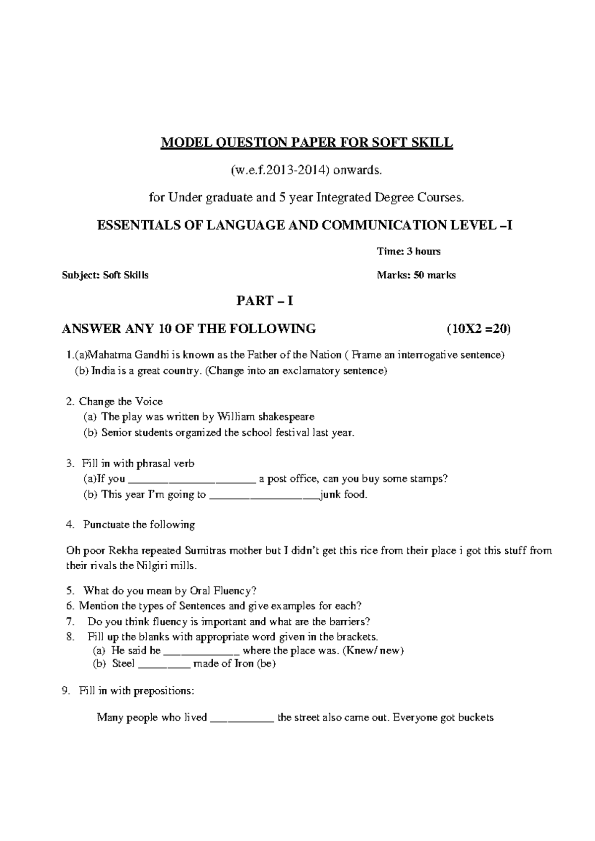 Soft Skills Model Question Paper - Essentials of Language ...