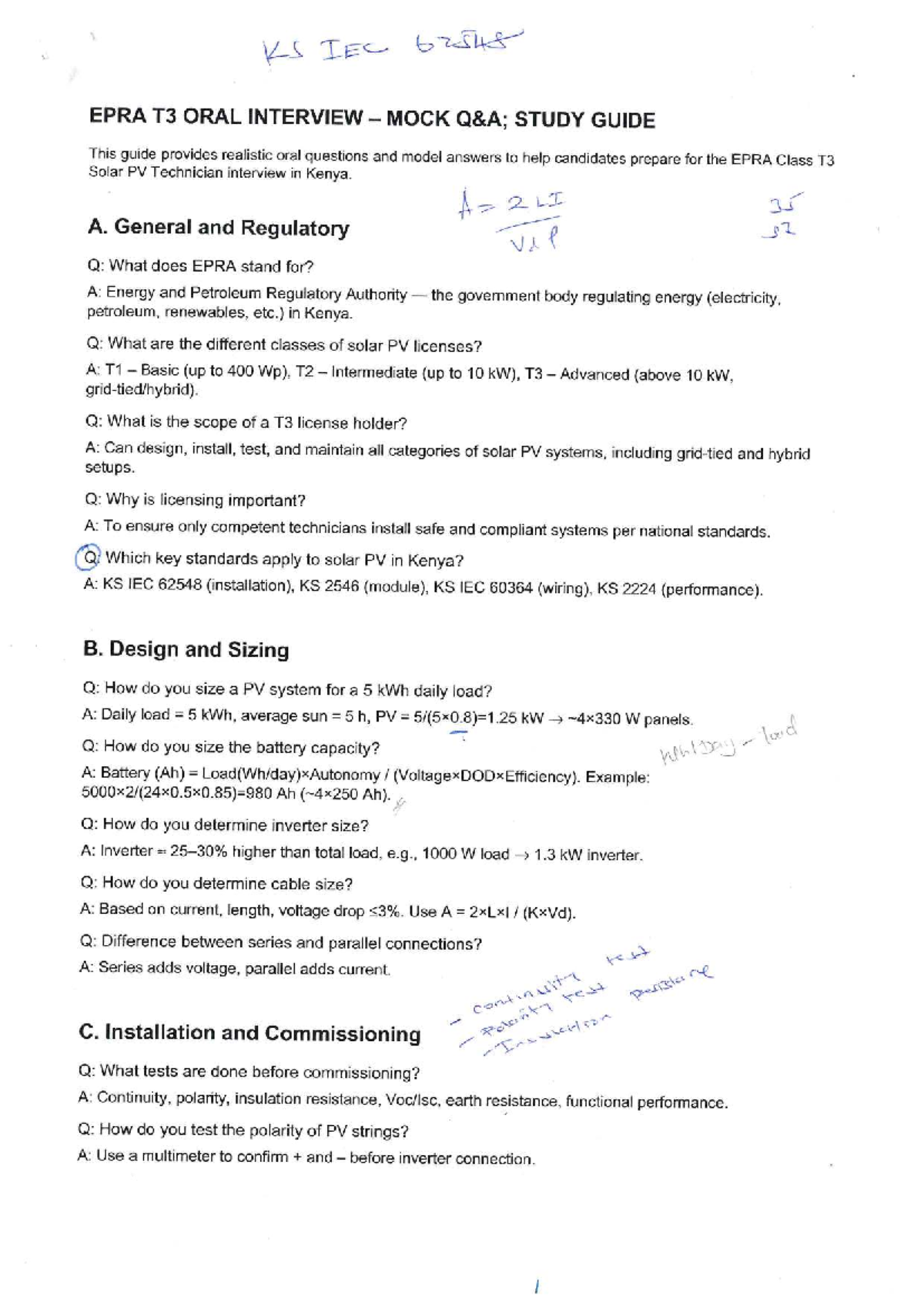EPRA T3 Oral Interview Mock Study Guide for Solar PV Technicians - Studocu