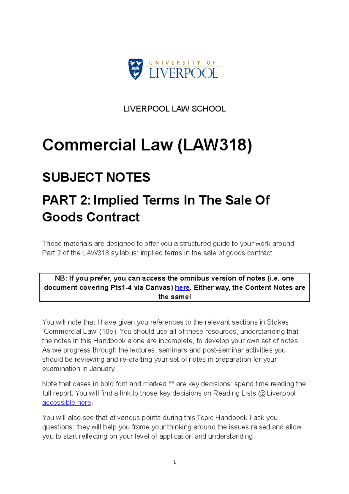 Subject Notes Part 2 - Implied Terms in Sale of Goods for LAW318 - Studocu