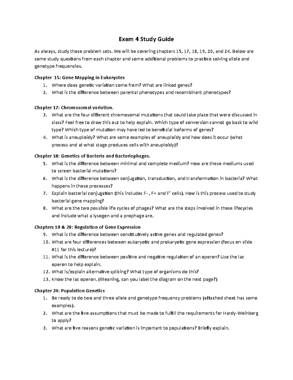 Exam 4 Study Guide for Genetics (Chapters 15, 17, 18, 19, 20, 24 ...