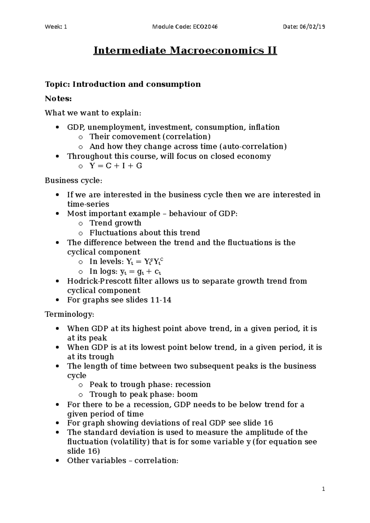 Intermediate Macroeconomics II - Week 1 Lecture Notes on Consumption ...