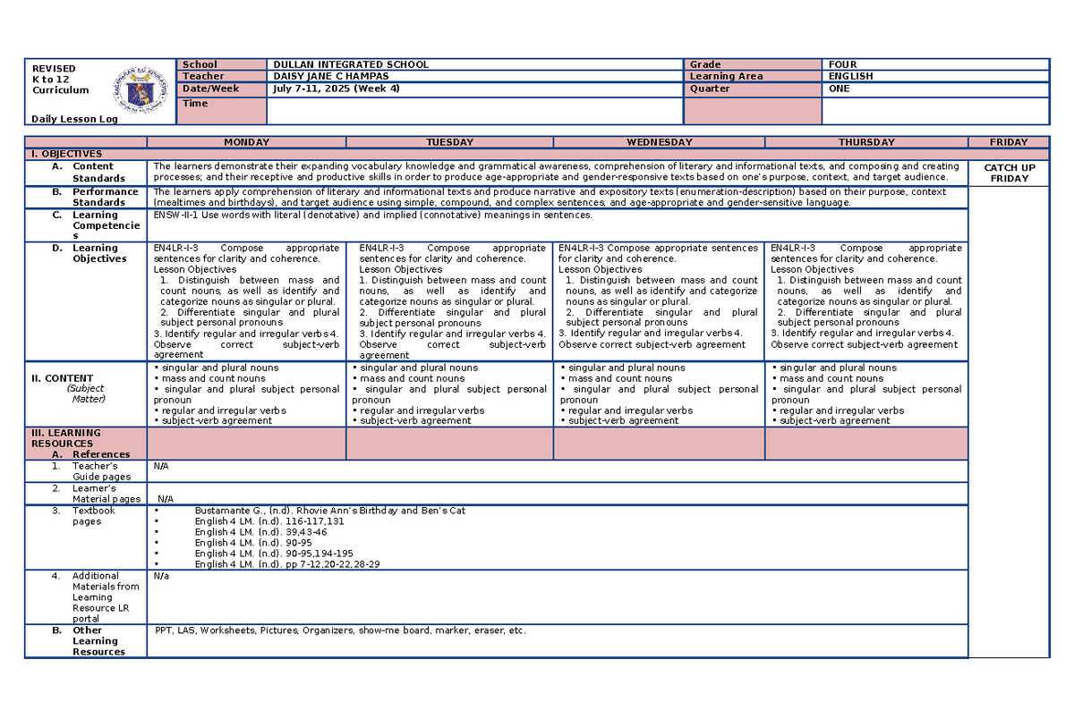 Daily Lesson Log for Grade 1 English (Quarter 4) - Dullán Integrated ...