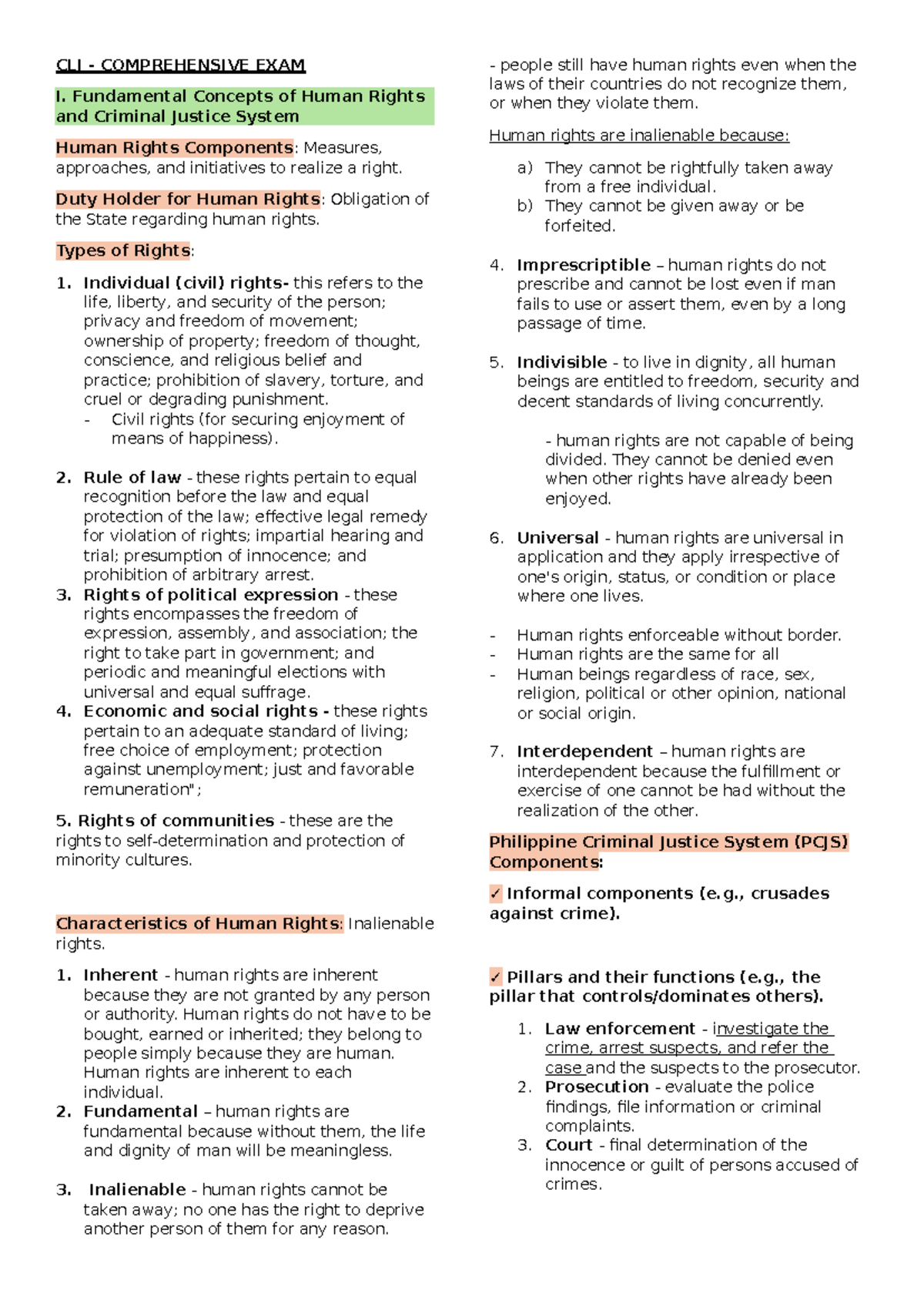 CLJ - COA 1 Comprehensive Exam: Human Rights & Criminal Justice System ...