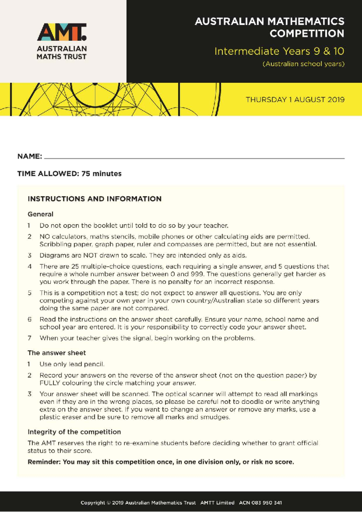 2019 AMC Intermediate Mathematics Competition Paper - Studocu