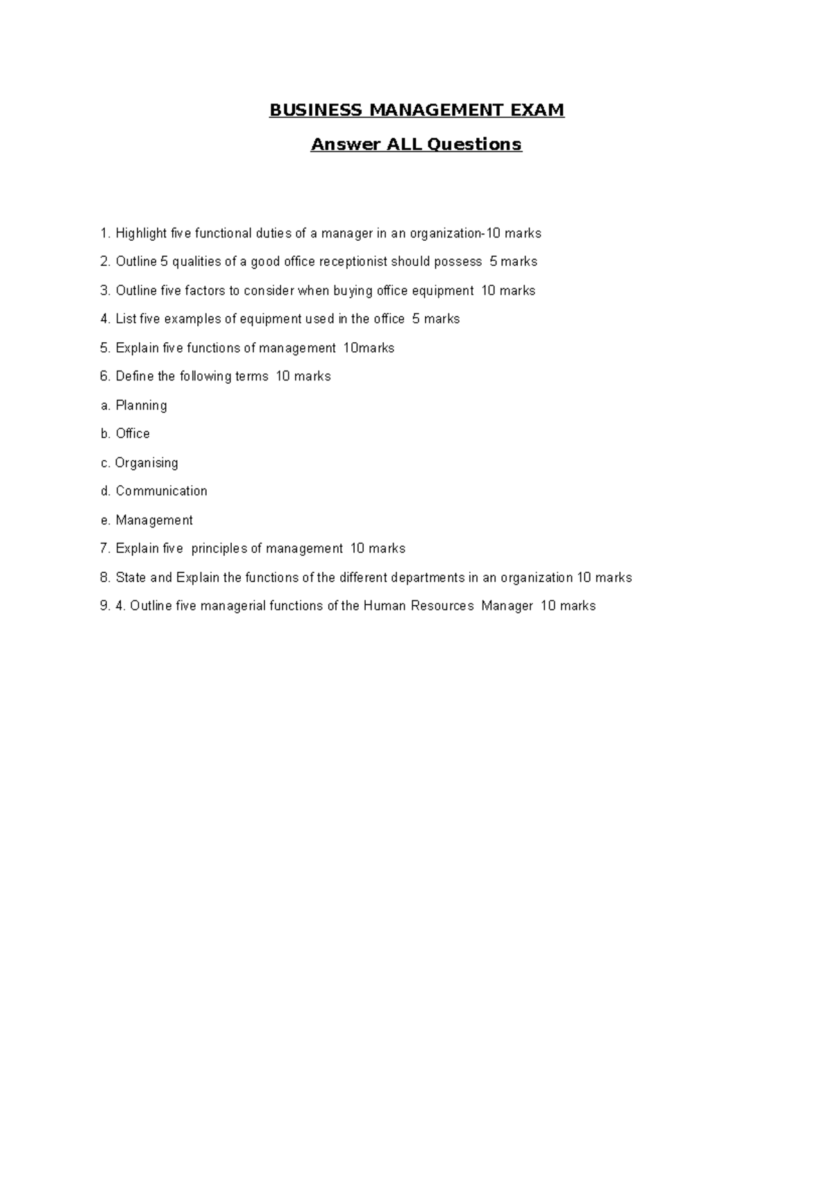 BUSINESS MANAGEMENT EXAM: Key Concepts & Managerial Functions - Studocu