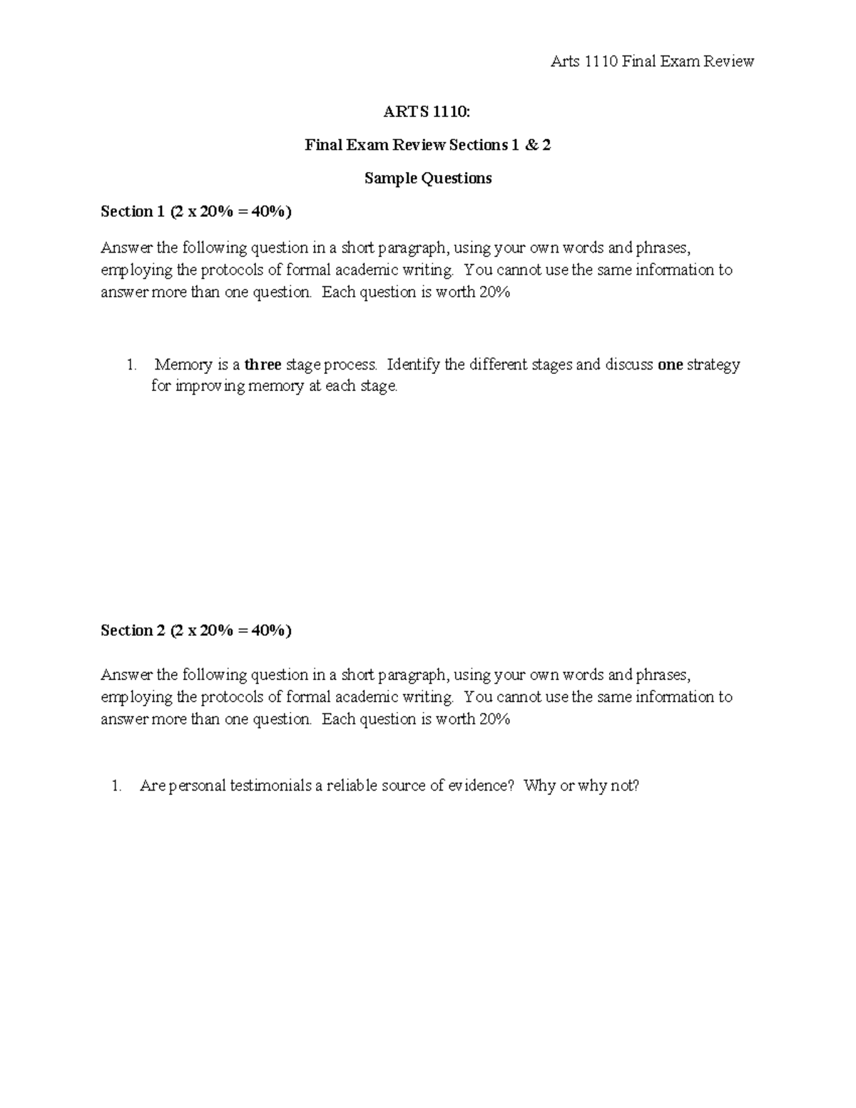 ARTS 1110 Final Exam Review: Sample Questions & Critical Thinking ...