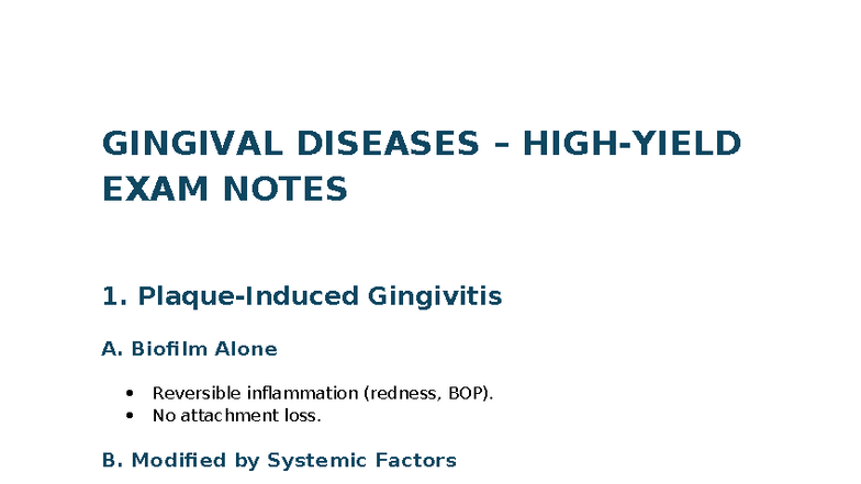 GINGIVAL DISEASES EXAM NOTES (GINGIVITIS) - Studocu