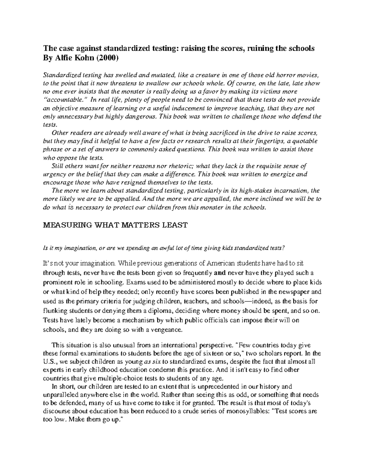 The Case Against Standardized Testing: Insights from Alfie Kohn (EDUC ...