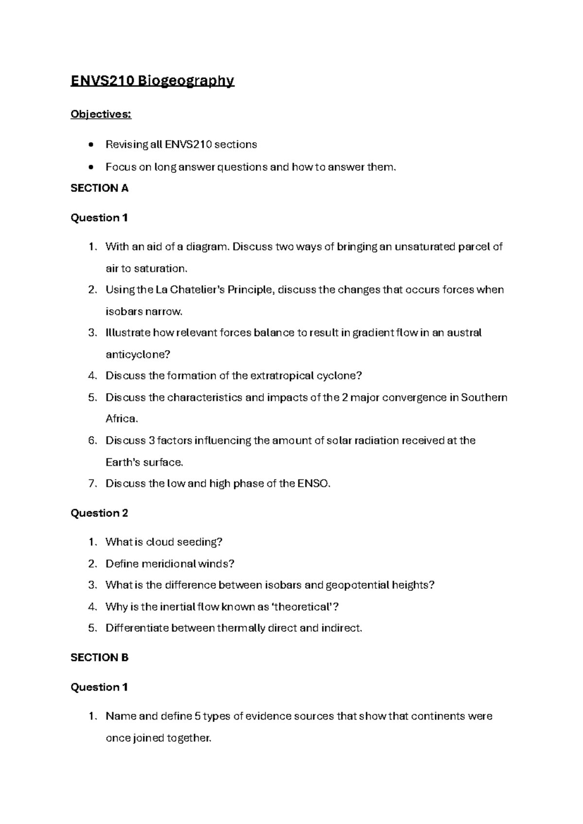 ENVS210 Biogeography JAM Session - Study Worksheet for Exam Prep - Studocu