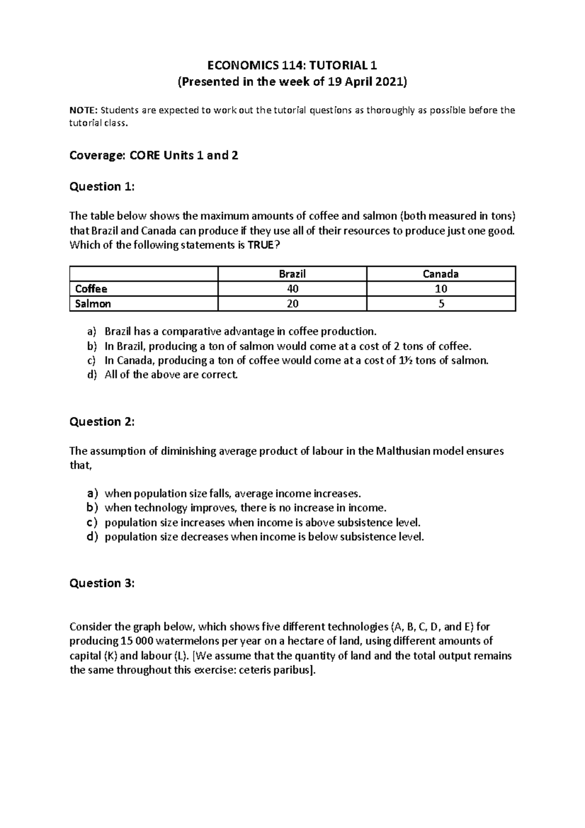 Tutorial 1 - ECONOMICS 1 1 4: TUTORIAL 1 (Presented in the week of 19 ...