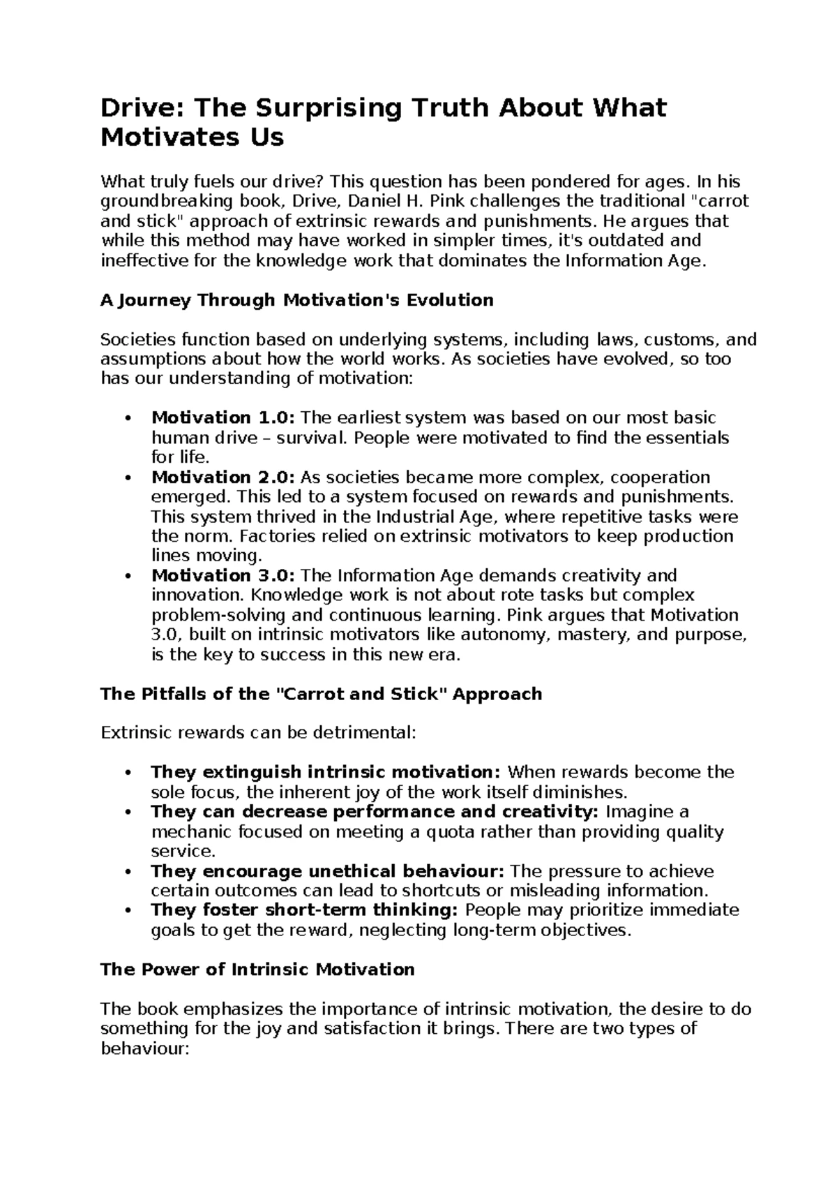 Drive: Summary of Daniel H. Pink's Insights on Motivation 3.0 - Studocu
