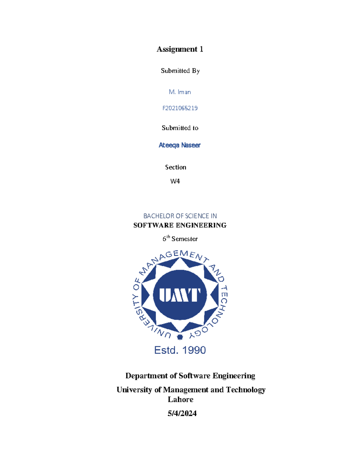 Assignment 1 - BSc Software Engineering, 6th Semester - Studocu