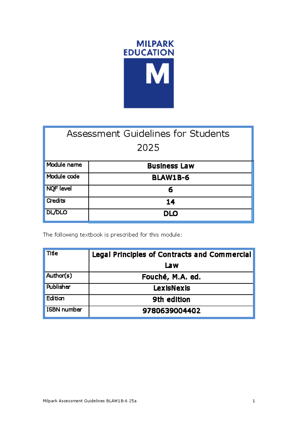 BLAW1B-6 Assessment Guidelines for Business Law Module - 2025 - Studocu