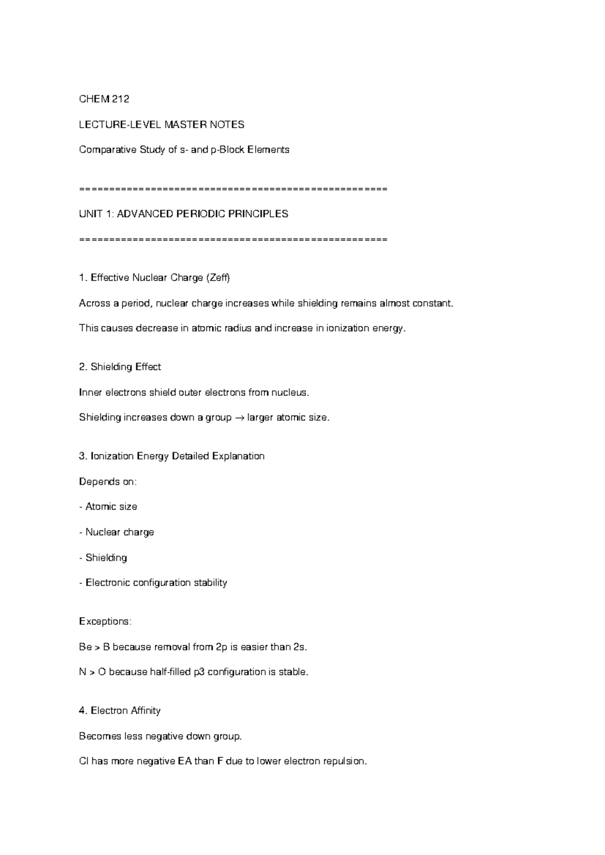 CHEM 212 Master Notes: Advanced Periodic Principles & Group Studies ...