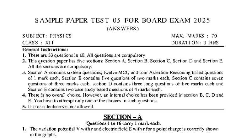 Physics Class XII Sample Paper Test 05 for Board Exam 2025 (With ...