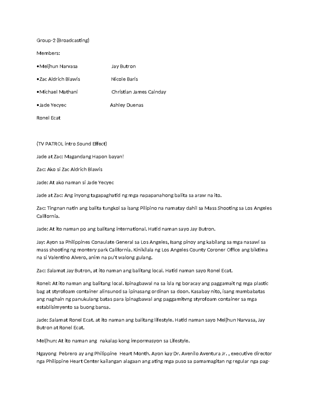 Broadcasting (WPS) Group 2: News Report Script and Weather Update - Studocu