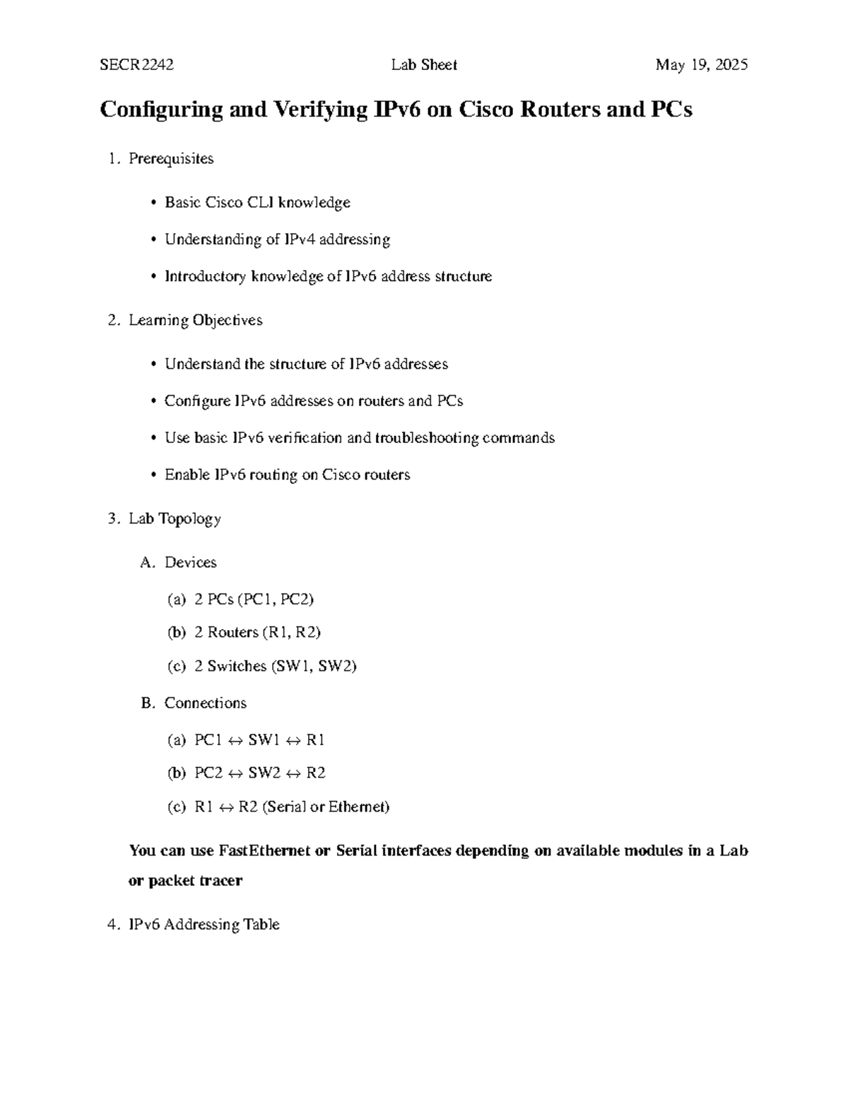 SECR2242 Lab Sheet: Configuring & Verifying IPv6 on Cisco Devices - Studocu
