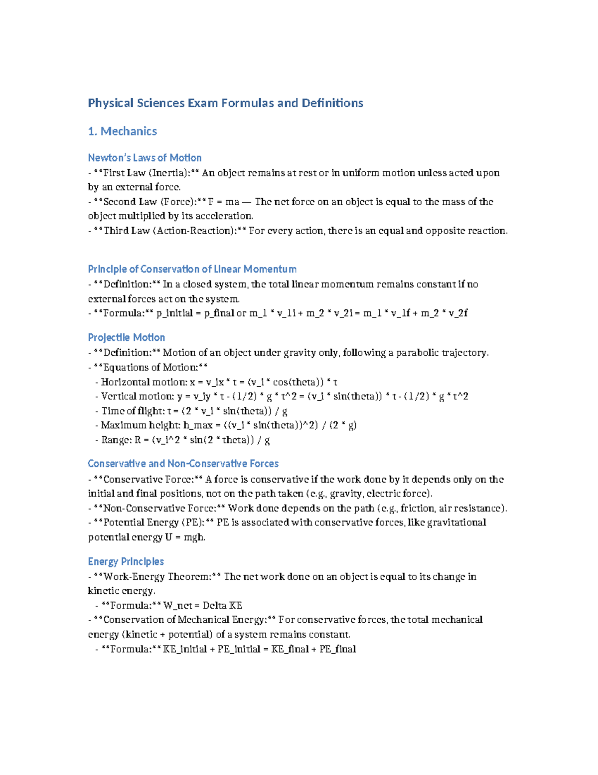 Physical Science Final Exam: Key Formulas & Definitions - Studocu