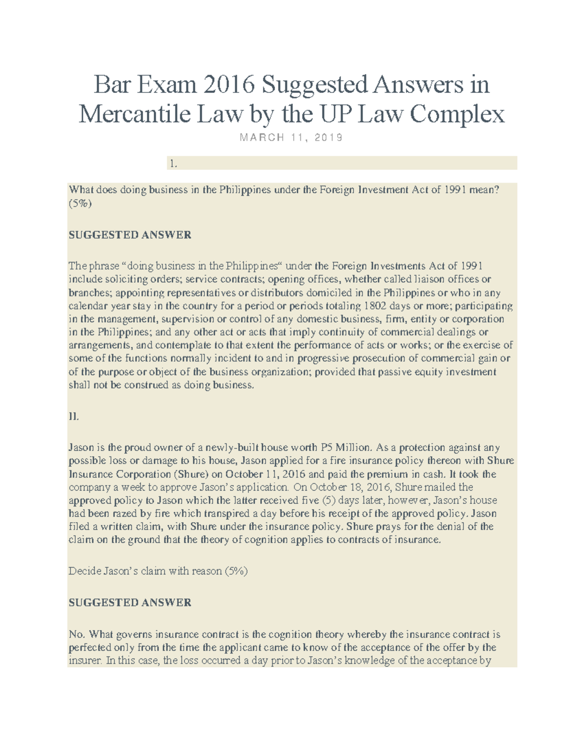 Mercantile Law Suggested Answers for Bar Exam 2016 - Studocu